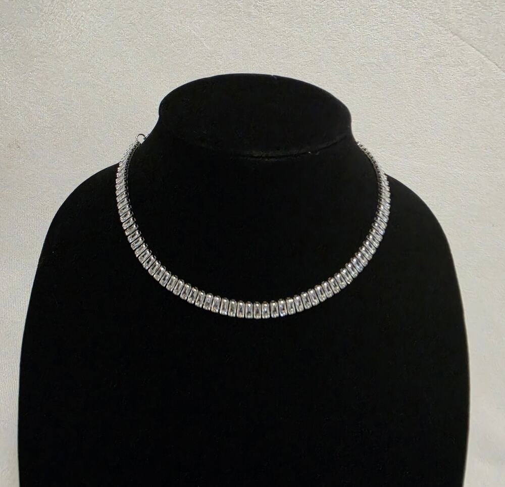 Baguette Cut Cubic Zirconia Silver Tennis Choker Necklace Adjustable